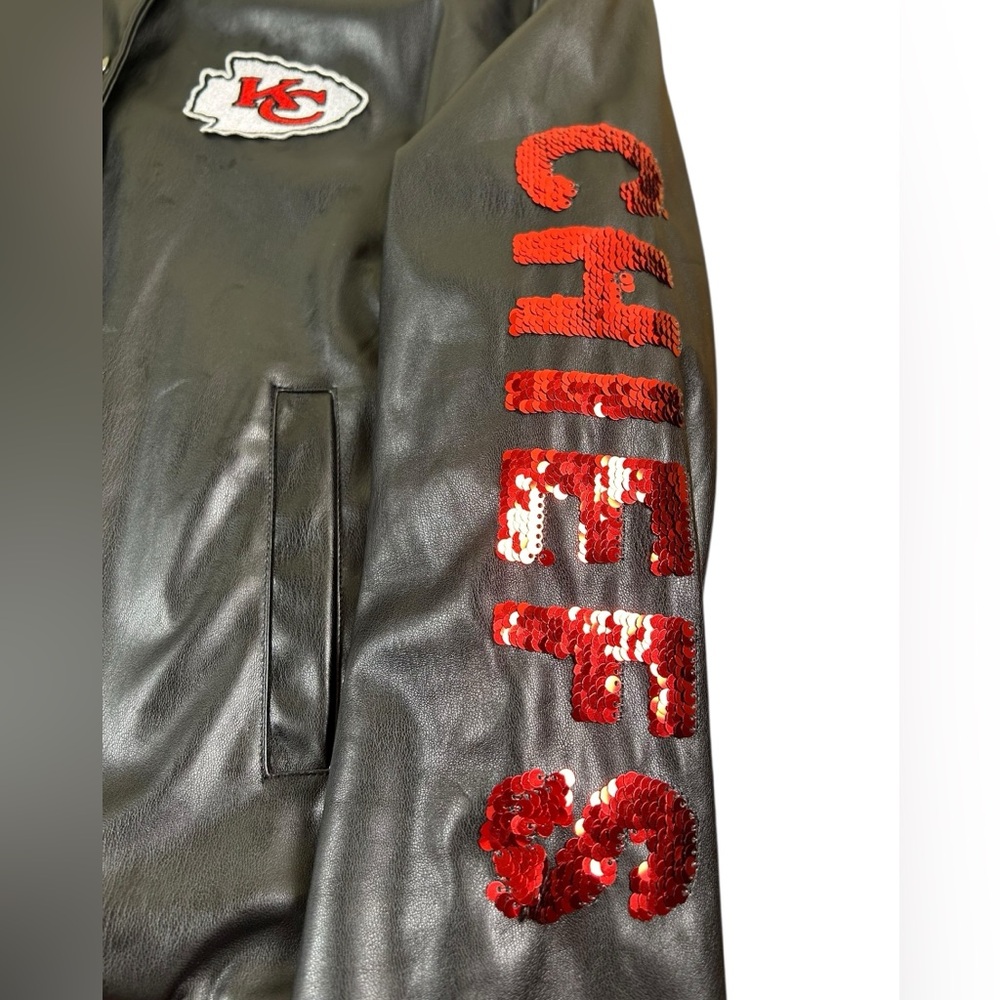 NFL Kansas City Chiefs Sequin Faux Leather Varsity Jacket Women Small‎ Black Red - Picture 8 of 16